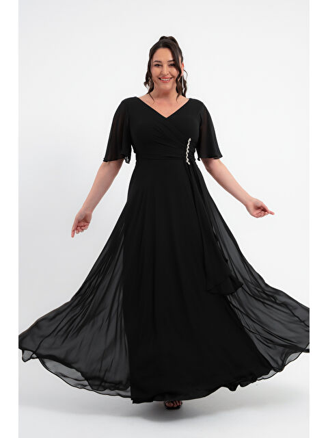 Lafaba Kadın Siyah V Yaka Taşlı Büyük Beden Uzun Şifon Abiye Elbise - S000385631-19351
