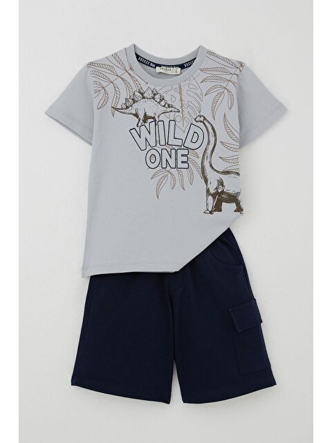 Breeze Erkek Çocuk Şortlu Takım Güçlü Dinozorlar Baskılı Gri (3-6 Yaş) - S000434034-20600