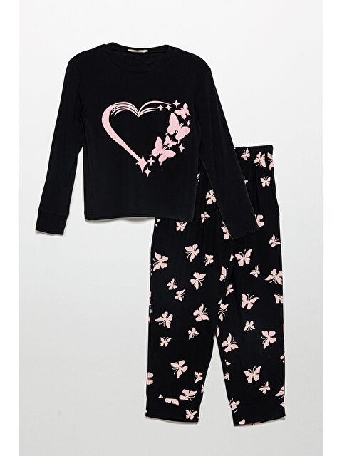For You Kids Kelebek Baskılı Doğal Viskon Siyah Pijama Takımı - S000274031-19351