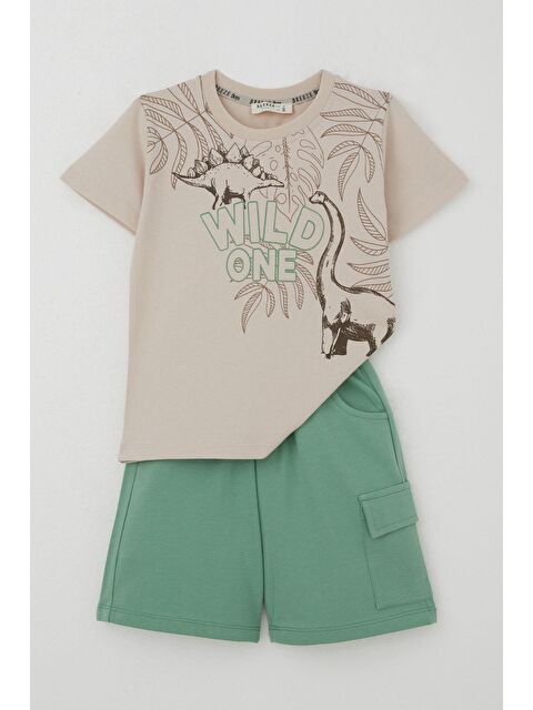 Breeze Erkek Çocuk Şortlu Takım Güçlü Dinozorlar Baskılı Bej (3-6 Yaş) - S000434034-19928