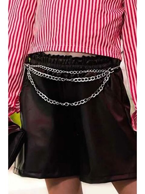 Riccotarz Kız Çocuk Sırtı Düğme Detaylı Çizgili Bluz Deri Şortlu Takım - S000295969-20045