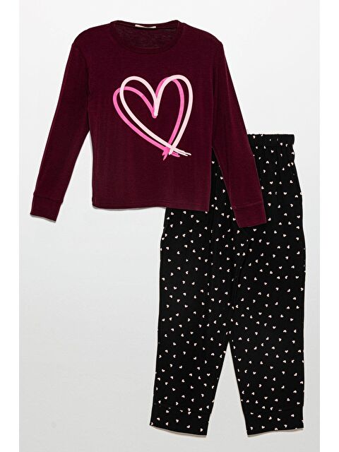 For You Kids Kalp Baskılı Doğal Viskon Bordo Pijama Takımı - S000274034-19951