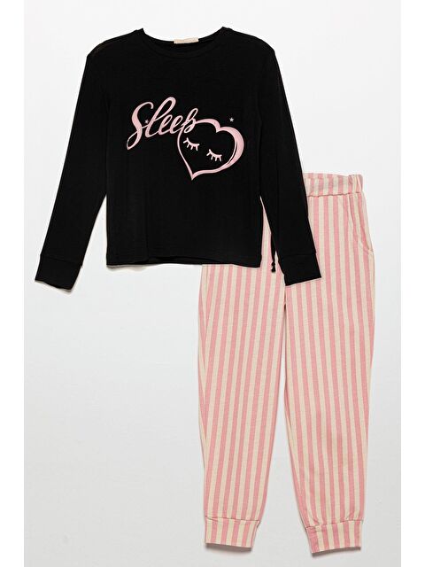 For You Kids Sleep Kalp Baskılı Doğal Viskon Siyah Pijama Takımı - S000274035-19351