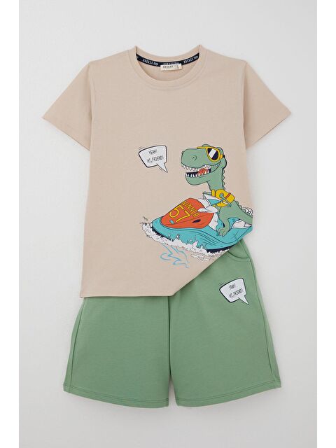 Breeze Erkek Çocuk Şortlu Takım Jetski Tutkunu Havalı Dinozor Baskılı Bej (5-9 Yaş) - S000434018-19928