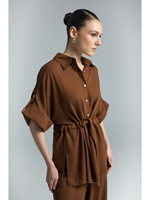 SATEEN Beli Bağlamalı Kimono Gömlek - Kahve