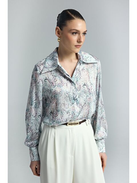 SATEEN Şal Desen Gömlek - Mavi