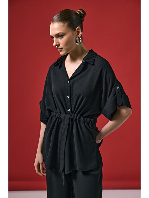 SATEEN Beli Bağlamalı Kimono Gömlek - Siyah