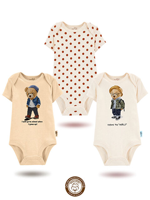 Mahfel 3'lü %100 Pamuklu Organik Baskılı Kısa Kollu Çıtçıtlı Bebek Body Zıbın 843-829