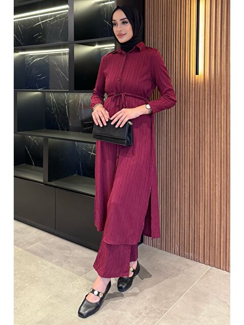 Julude Kendinden Desenli Bel Bağlama Detaylı Tesettür Tunik Pantolon İkili Takım - S000413262-20036