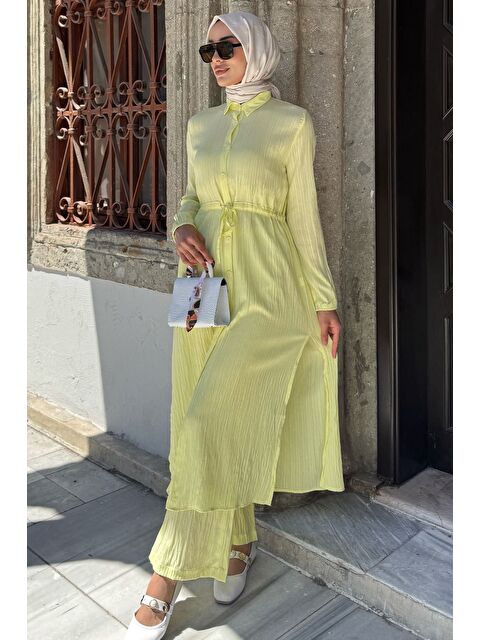 Julude Kendinden Desenli Bel Bağlama Detaylı Tesettür Tunik Pantolon İkili Takım - S000413262-20072