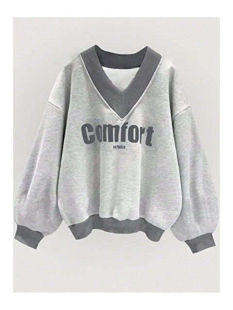 Trendseninle Kadın LightGri Comfort In Paris Baskılı V Yaka Oversize Sweatshirt - S000241643-1174
