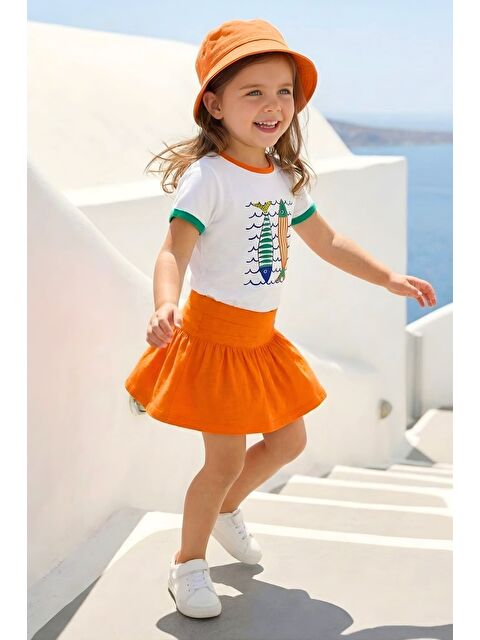 ZEYLAND Kız Çocuk Baskılı T-Shirt Ve Etek Takım  - Turuncu