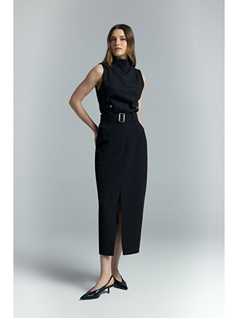 SATEEN Jessi Yırtmaçlı Etek - Siyah