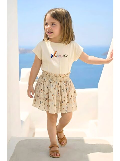 ZEYLAND Kız Çocuk Nakışlı T-Shirt Ve Etek Takım  - Krem