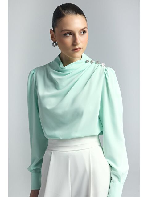 SATEEN Düğmeleri Taş Detaylı Bluz - Mint