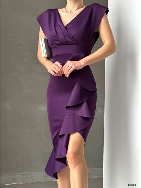 Jane's Scuba Kumaş Önü Fırfırlı Midi Boy Elbise - S000527928-20036