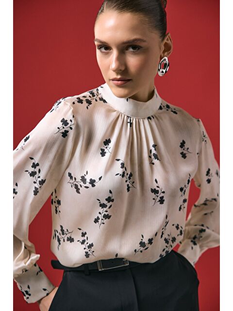 SATEEN Çiçek Desenli Bluz - Siyah