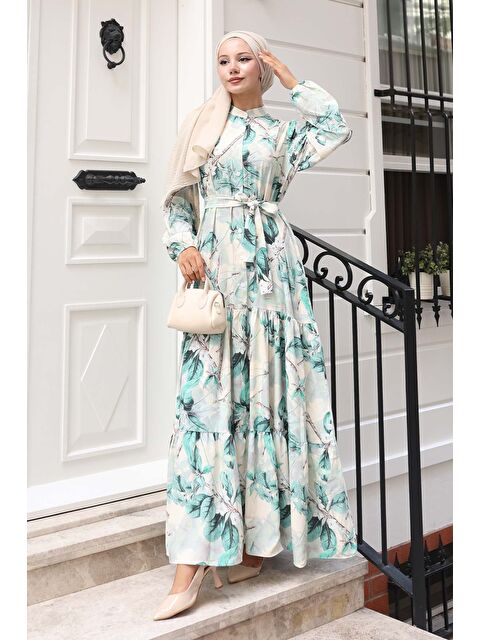 Bigdart Kadın Desenli Uzun Tesettür Elbise 2586 - A.Yeşil - S000491203-29488