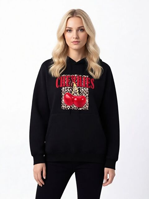 Trendseninle Unisex Cherries  Baskılı Kapüşonlu Sweatshirt Hoodie Siyah - S000491986-19351
