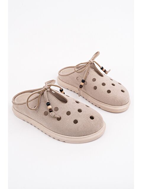 Muggo SHAMMY Süet Deri Delikli Bağcıklı Günlük Rahat Önü Kapalı Kadın Terlik