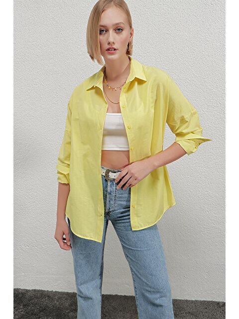 Hazelin Kadın Sarı Oversize Uzun Basic Gömlek Hzl22w-bd139001 - S000031094-20072