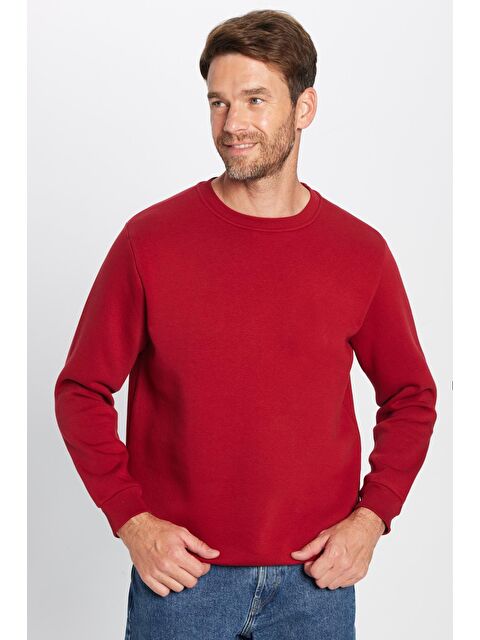 TUDORS Unisex Relax Fit Rahat Kesim Pamuklu Yumuşak Dokulu İçi Polarlı Basic Bordo Bisiklet Yaka Sweatshirt - S000342344-19951