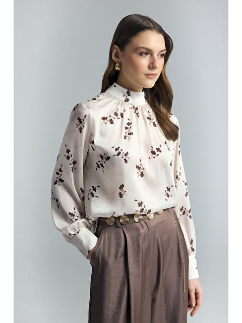 SATEEN Çiçek Desenli Bluz - Kahve