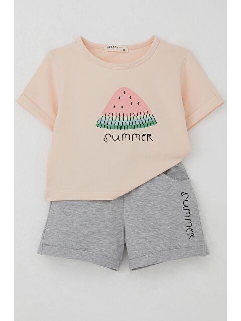 Breeze Kız Çocuk Şortlu Takım Yaz Temalı Karpuz Dilimi Baskılı Pudra (3-8 Yaş) - S000434047-7152