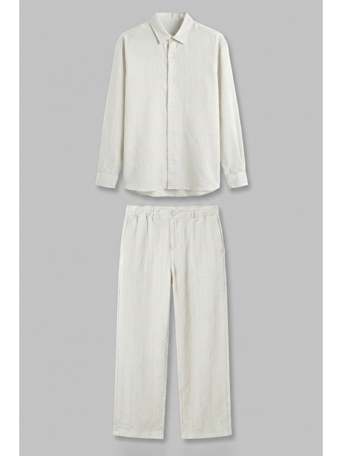 Abluka Online Erkek Baggy Çizgili %100 Pamuk Gömlek Pantolon İkili Takım Beyaz - S000513511-20063