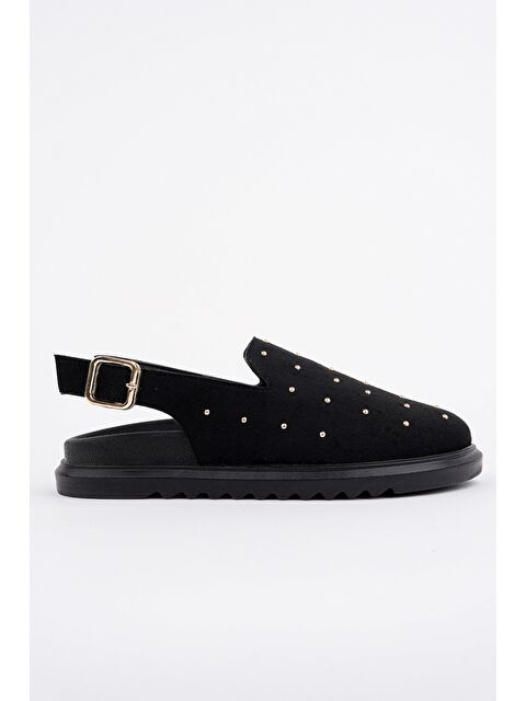 Muggo LİLOW Süet Deri Gold Zımbalı Ayarlanabilir Tokalı Günlük Rahat Önü Kapalı Kadın Sandalet