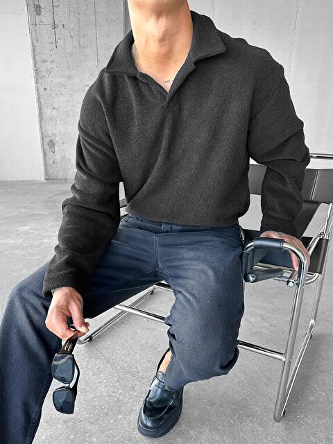 Abluka Online Erkek Polo Yaka Polar Sweatshirt Siyah - S000295388-19351