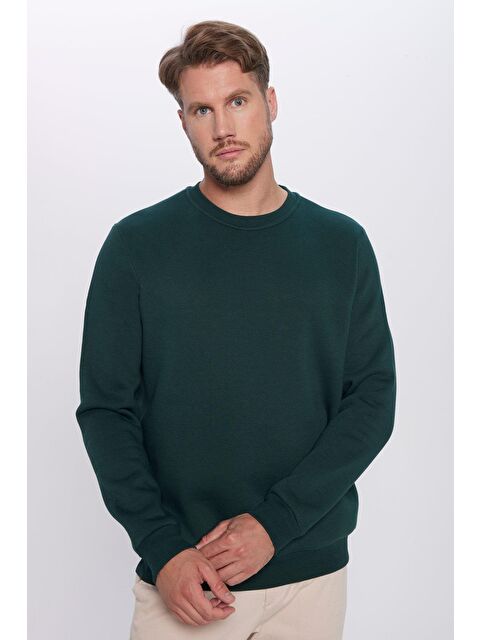 TUDORS Unisex Oversize Geniş Kesim Pamuklu Yumuşak Dokulu İçi Polarlı Basic Yeşil Bisiklet Yaka Sweatshirt