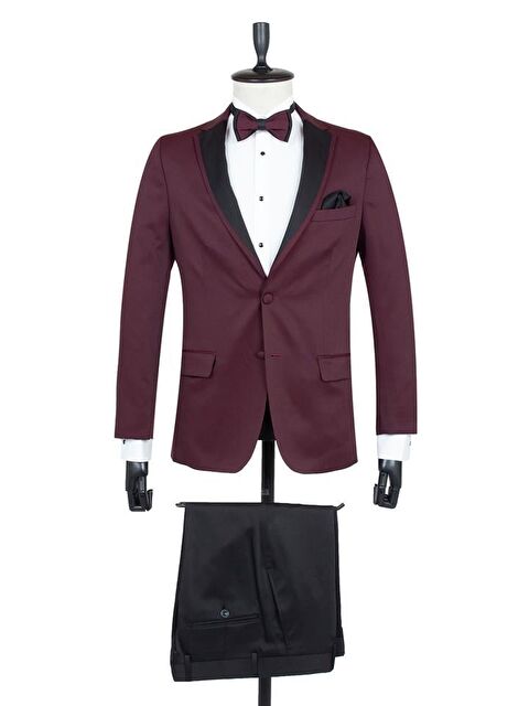 İMZA Bordo Desenli Armürlü Mono Yaka Astarlı 6 Drop Slim Fit Dar Kesim Smokin Damatlık 1001195190 - S000352837-19951