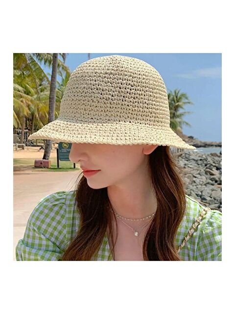 Luminos Butik Bej Ithal El Örgüsü Hasır Şapka HSR2083