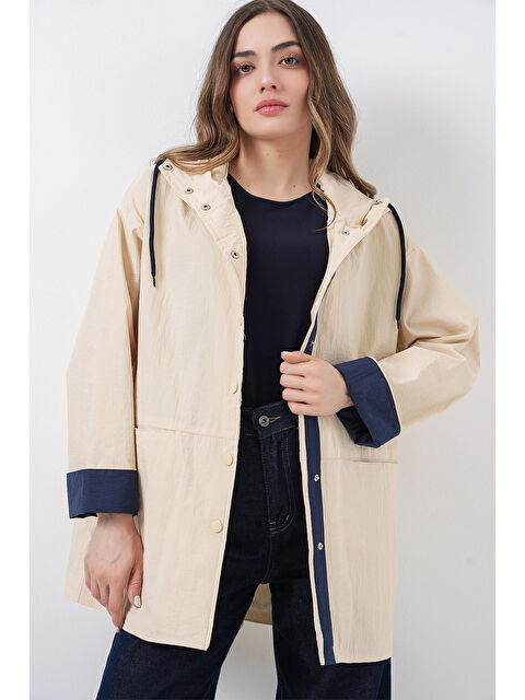 Bigdart Kadın Teknik Kumaş Kapüşonlu Trençkot 5972 - Ekru - S000503795-19965