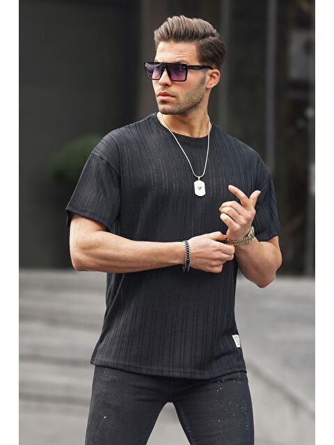 Madmext Siyah Oversize Bisiklet Yaka Erkek Tişört 6179 - S000130689-19351