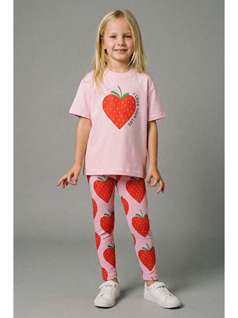 Monila Kız Çocuk Pamuklu Pembe Çilek Baskılı T-Shirt Tayt Takım