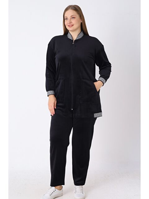 Intensive Kadın Büyük Beden Siyah Fermuarlı Cepli Soft Polar Şerit Detaylı Uzun Kollu Alt Üst Eşofman Takımı - S000503797-19351