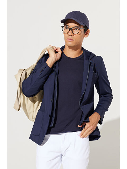 Altınyıldız Classics Erkek Lacivert Slim Fit Dar Kesim Mono Yaka Pamuklu Desenli Ceket - S000403576-21164