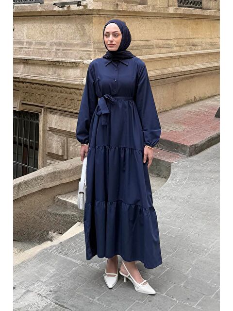 Lamelif Yarım Düğme Detaylı Terikoton Elbise Lacivert - S000517728-21164
