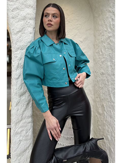 Gülseli Kadın Çift Cepli Çıtçıtlı Crop Top Suni Deri Ceket - S000353524-1180