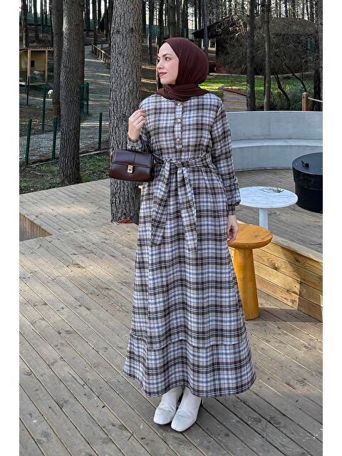 Lamelif Ekose Desen Elbise Çikolata Kahve - S000517802-20637