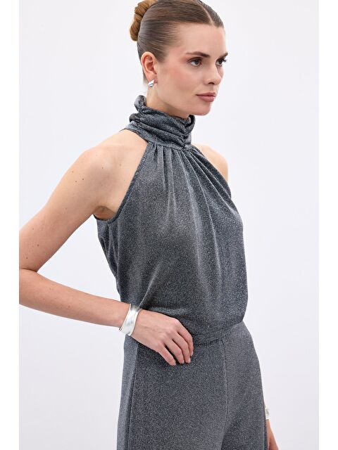 SATEEN Kolsuz Parlak Bluz - Antrasit - S000323389-29666