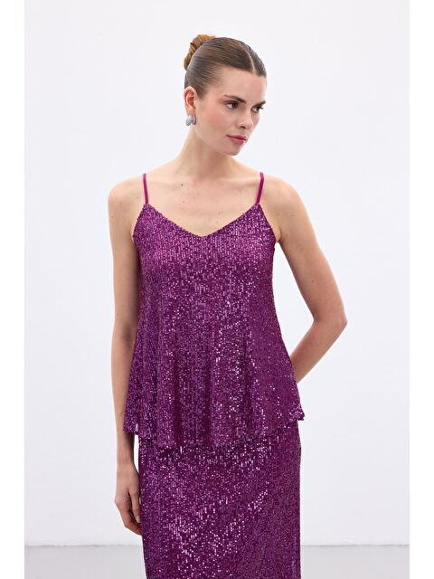 SATEEN Payet Detaylı Askılı Bluz - Mürdüm - S000384933-20036