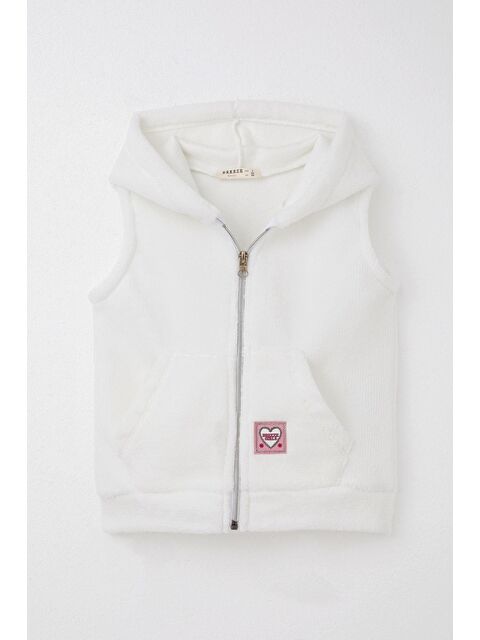 Breeze Kız Çocuk Polar Yelek Kalp Armalı Kapüşonlu Cepli Beyaz  3 8 Yaş - S000377909-20063