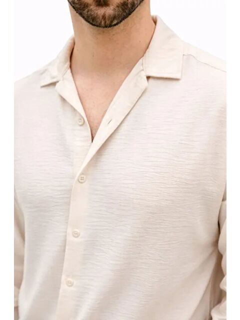 Jane's Erkek Aerobin Kumaş Oversize 4 Mevsim Uzun Kollu Rahat Kalıp Gömlek - Bej