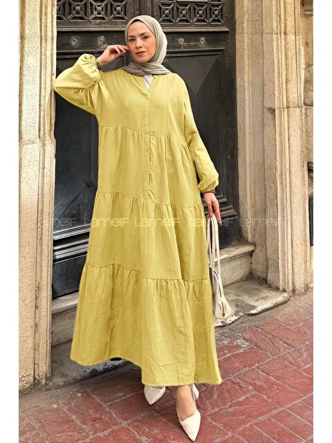 Lamelif Ön Yarım Düğme Detaylı Müslin Kumaş Tesettür Elbise Sarı - S000517748-20072