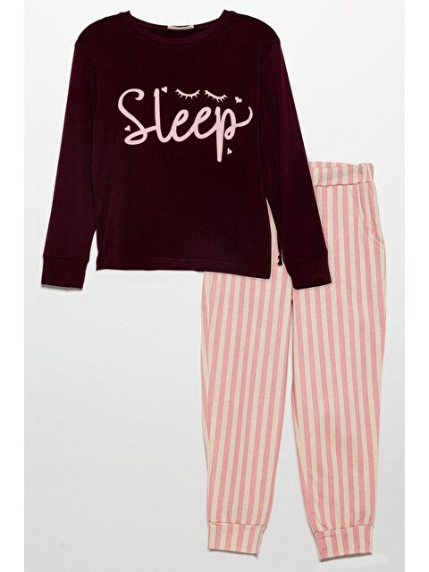 For You Kids Sleep Baskılı Doğal Viskon Bordo Pijama Takımı - S000274038-19951
