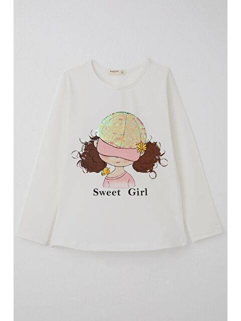 Breeze Kız Çocuk Uzun Kollu Tişört Şapkası Pullu Kız Baskılı Ekru (12 Yaş) - S000377910-19965