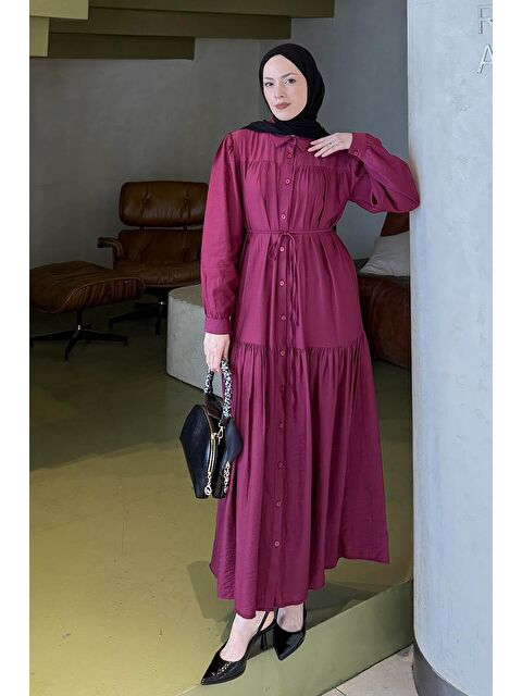 Lamelif Bağlama Detaylı Tesettür Elbise Mürdüm - S000517798-20036